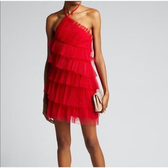 Alexis Raina Tiered Ruffled-Tulle Halter Mini Dress Cherry Red Size Medium - Picture 5 of 9